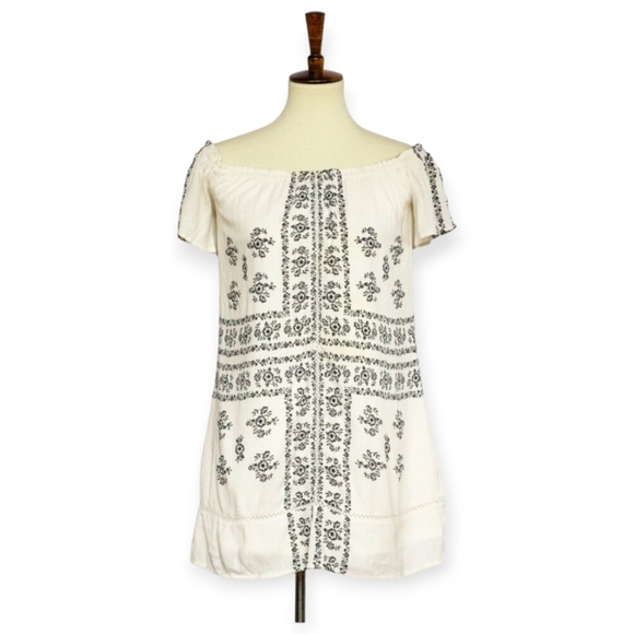 Off-shoulder Embroided Gauze Print Sceen Mini Dress Floral Pattern size Small - Picture 2 of 12